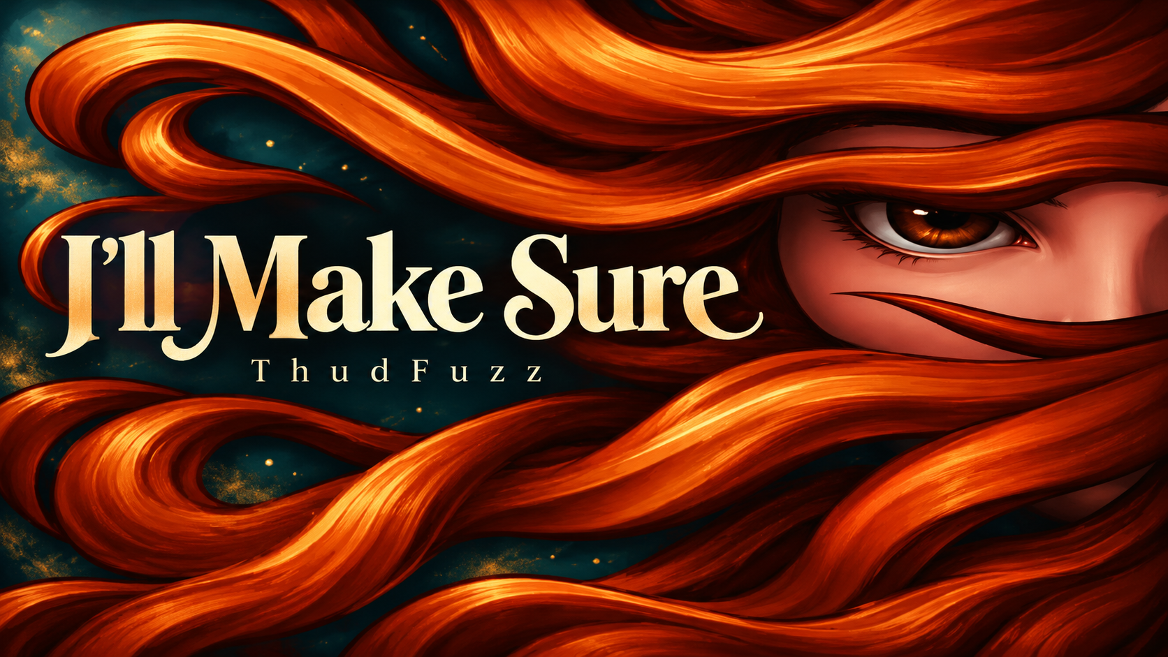 I'll Make Sure by ThudFuzz: flowing orange-red hair surrounds an amber eye, with the release title in cream lettering.